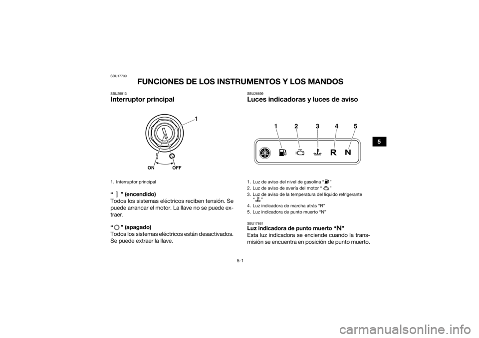 YAMAHA YFM700R 2021 Notices Demploi (in French) 5-1
5
SBU17739
FUNCIONES DE LOS INSTRUMENTOS Y LOS MANDOS
SBU29913Interruptor principal“ ” (encendido)
Todos los sistemas eléctricos reciben tensión. Se
puede arrancar el motor. La llave no se p YAMAHA YFM700R 2021 Notices Demploi (in French) 5-1
5
SBU17739
FUNCIONES DE LOS INSTRUMENTOS Y LOS MANDOS
SBU29913Interruptor principal“ ” (encendido)
Todos los sistemas eléctricos reciben tensión. Se
puede arrancar el motor. La llave no se p