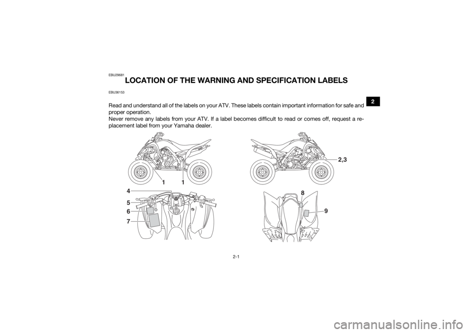 YAMAHA YFM700R 2020 User Guide 2-1
2
EBU29681
LOCATION OF THE WARNING AND SPECIFICATION LABELS
EBU36153Read and understand all of the labels on your ATV. These labels contain important information for safe and
proper operation.
Nev YAMAHA YFM700R 2020 User Guide 2-1
2
EBU29681
LOCATION OF THE WARNING AND SPECIFICATION LABELS
EBU36153Read and understand all of the labels on your ATV. These labels contain important information for safe and
proper operation.
Nev