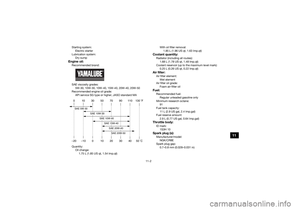 YAMAHA YFM700R 2020  Owners Manual 11-2
11
Starting system:Electric starter
Lubrication system: Dry sumpEngine oil:Recommended brand:
SAE viscosity grades:
5W-30, 10W-30, 10W-40, 15W-40, 20W-40, 20W-50
Recommended engine oil grade: API