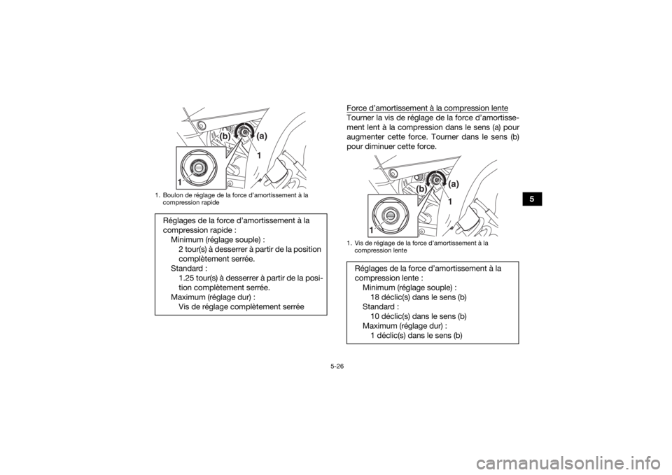 YAMAHA YFM700R 2020 Notices Demploi (in French) 5-26
5
Force d’amortissement à la compression lente
Tourner la vis de réglage de la force d’amortisse-
ment lent à la compression dans le sens (a) pour
augmenter cette force. Tourner dans le se YAMAHA YFM700R 2020 Notices Demploi (in French) 5-26
5
Force d’amortissement à la compression lente
Tourner la vis de réglage de la force d’amortisse-
ment lent à la compression dans le sens (a) pour
augmenter cette force. Tourner dans le se