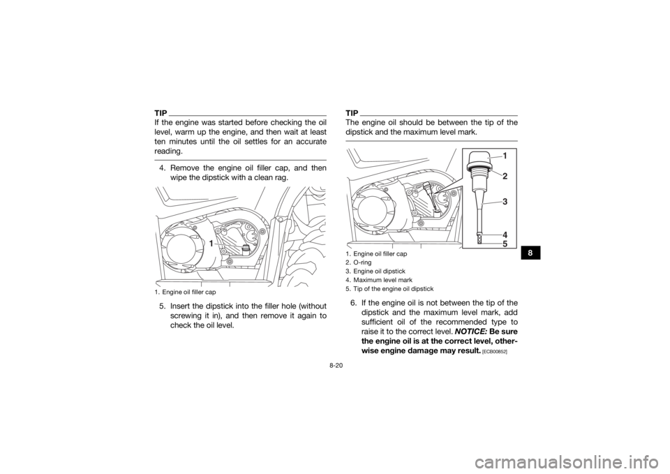 YAMAHA YFM700R 2019 Owners Manual 8-20
8
TIPIf the engine was started before checking the oil
level, warm up the engine, and then wait at least
ten minutes until the oil settles for an accurate
reading. 4. Remove the engine oil filler YAMAHA YFM700R 2019 Owners Manual 8-20
8
TIPIf the engine was started before checking the oil
level, warm up the engine, and then wait at least
ten minutes until the oil settles for an accurate
reading. 4. Remove the engine oil filler