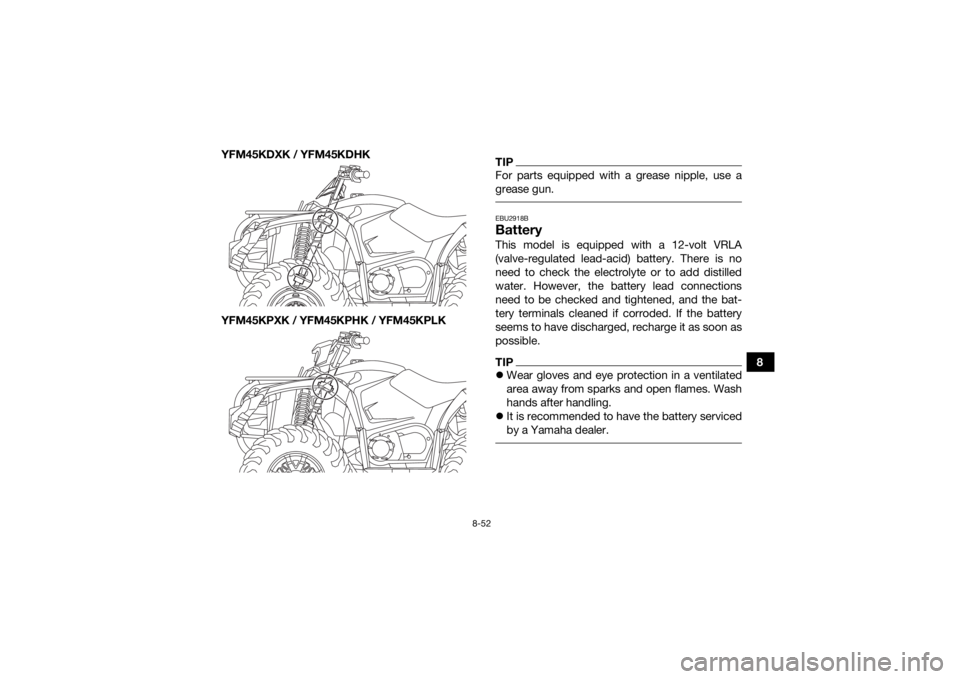 YAMAHA YFM700R 2019 Owners Manual 8-52
8
YFM45KDXK / YFM45KDHK
YFM45KPXK / YFM45KPHK / YFM45KPLK
TIPFor parts equipped with a grease nipple, use a
grease gun. EBU2918BBatteryThis model is equipped with a 12-volt VRLA
(valve-regulated YAMAHA YFM700R 2019 Owners Manual 8-52
8
YFM45KDXK / YFM45KDHK
YFM45KPXK / YFM45KPHK / YFM45KPLK
TIPFor parts equipped with a grease nipple, use a
grease gun. EBU2918BBatteryThis model is equipped with a 12-volt VRLA
(valve-regulated