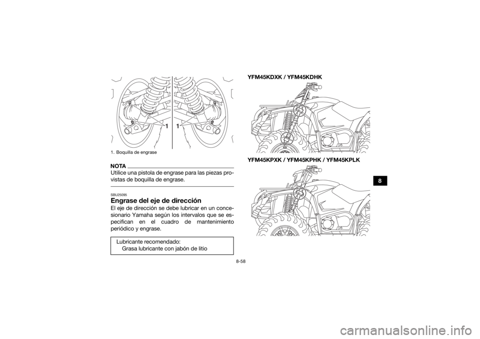 YAMAHA YFM700R 2019 Manuale de Empleo (in Spanish) 8-58
8
NOTAUtilice una pistola de engrase para las piezas pro-
vistas de boquilla de engrase. SBU25095Engrase del eje de direcciónEl eje de dirección se debe lubricar en un conce-
sionario Yamaha se YAMAHA YFM700R 2019 Manuale de Empleo (in Spanish) 8-58
8
NOTAUtilice una pistola de engrase para las piezas pro-
vistas de boquilla de engrase. SBU25095Engrase del eje de direcciónEl eje de dirección se debe lubricar en un conce-
sionario Yamaha se
