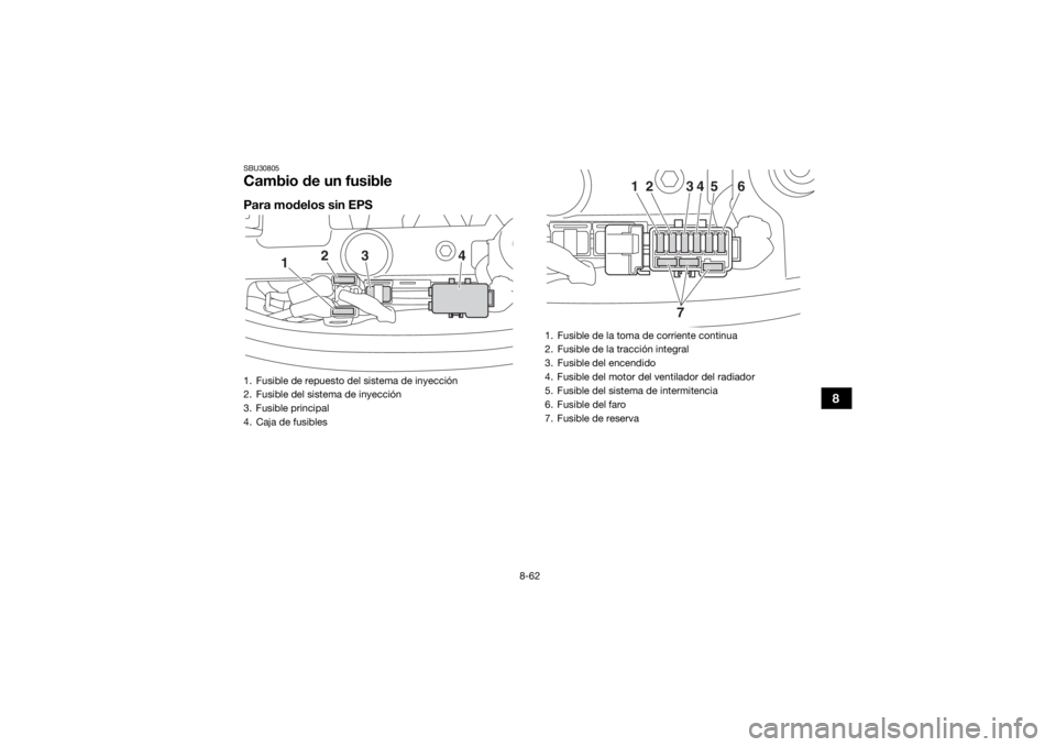 YAMAHA YFM700R 2019 Manuale de Empleo (in Spanish) 8-62
8
SBU30805Cambio de un fusiblePara modelos sin EPS1. Fusible de repuesto del sistema de inyección
2. Fusible del sistema de inyección
3. Fusible principal
4. Caja de fusibles
1
2
3
4
1. Fusible YAMAHA YFM700R 2019 Manuale de Empleo (in Spanish) 8-62
8
SBU30805Cambio de un fusiblePara modelos sin EPS1. Fusible de repuesto del sistema de inyección
2. Fusible del sistema de inyección
3. Fusible principal
4. Caja de fusibles
1
2
3
4
1. Fusible