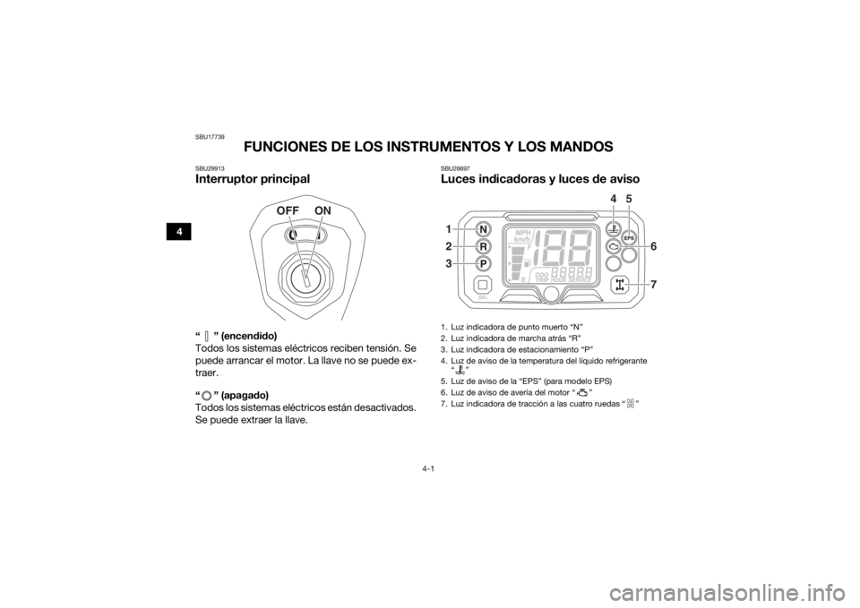 YAMAHA YFM700R 2019 Manuale de Empleo (in Spanish) 4-1
4
SBU17739
FUNCIONES DE LOS INSTRUMENTOS Y LOS MANDOS
SBU29913Interruptor principal“ ” (encendido)
Todos los sistemas eléctricos reciben tensión. Se
puede arrancar el motor. La llave no se p YAMAHA YFM700R 2019 Manuale de Empleo (in Spanish) 4-1
4
SBU17739
FUNCIONES DE LOS INSTRUMENTOS Y LOS MANDOS
SBU29913Interruptor principal“ ” (encendido)
Todos los sistemas eléctricos reciben tensión. Se
puede arrancar el motor. La llave no se p