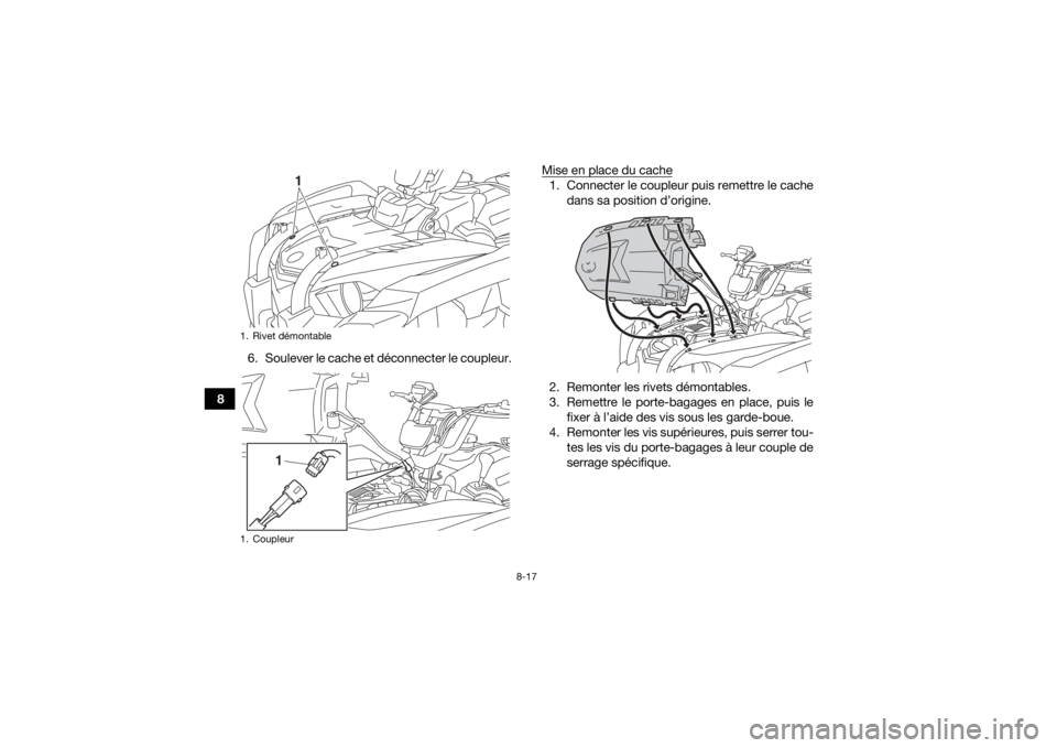 YAMAHA YFM700R 2019 Notices Demploi (in French) 8-17
86. Soulever le cache et déconnecter le coupleur. Mise en place du cache
1. Connecter le coupleur puis remettre le cache
dans sa position d’origine.
2. Remonter les rivets démontables.
3. Rem YAMAHA YFM700R 2019 Notices Demploi (in French) 8-17
86. Soulever le cache et déconnecter le coupleur. Mise en place du cache
1. Connecter le coupleur puis remettre le cache
dans sa position d’origine.
2. Remonter les rivets démontables.
3. Rem