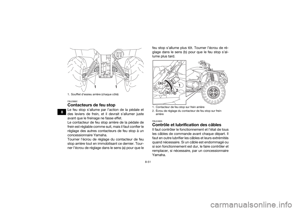 YAMAHA YFM700R 2019 Notices Demploi (in French) 8-51
8
FBU29882Contacteurs de feu stopLe feu stop s’allume par l’action de la pédale et
des leviers de frein, et il devrait s’allumer juste
avant que le freinage ne fasse effet.
Le contacteur d YAMAHA YFM700R 2019 Notices Demploi (in French) 8-51
8
FBU29882Contacteurs de feu stopLe feu stop s’allume par l’action de la pédale et
des leviers de frein, et il devrait s’allumer juste
avant que le freinage ne fasse effet.
Le contacteur d