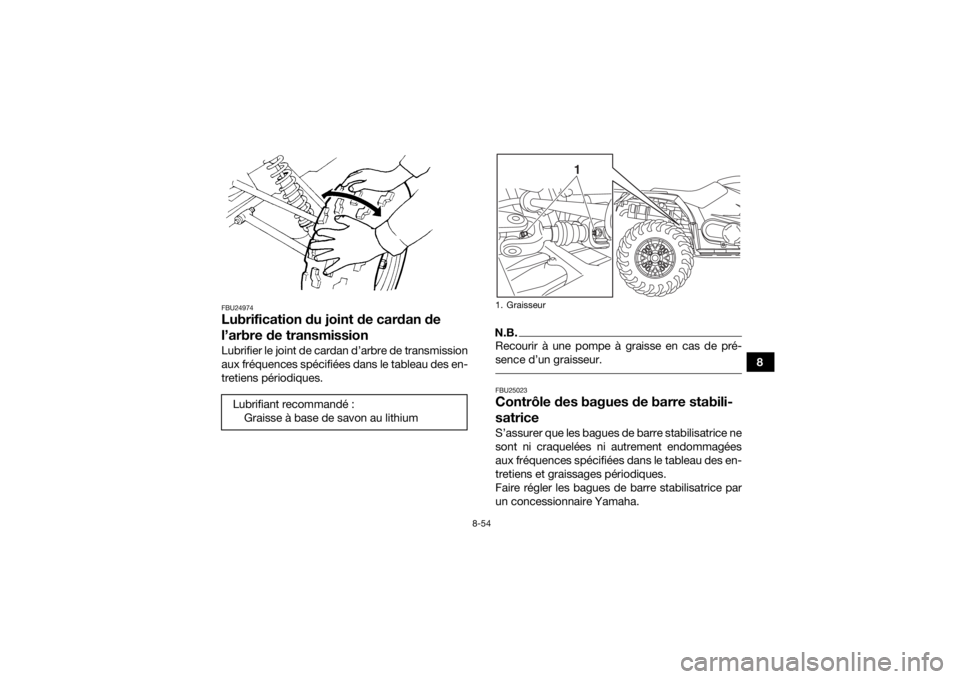 YAMAHA YFM700R 2019 Notices Demploi (in French) 8-54
8
FBU24974Lubrification du joint de cardan de
l’arbre de transmissionLubrifier le joint de cardan d’arbre de transmission
aux fréquences spécifiées dans le tableau des en-
tretiens pério YAMAHA YFM700R 2019 Notices Demploi (in French) 8-54
8
FBU24974Lubrification du joint de cardan de
l’arbre de transmissionLubrifier le joint de cardan d’arbre de transmission
aux fréquences spécifiées dans le tableau des en-
tretiens pério