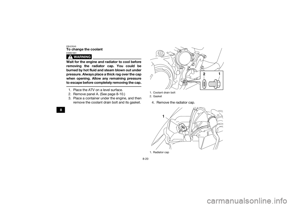 YAMAHA YFM700R 2018  Owners Manual 8-20
8
EBU23545To change the coolant
WARNING
EWB01891Wait for the engine and radiator to cool before
removing the radiator cap. You could be
burned by hot fluid and steam blown out under
pressure. Alw