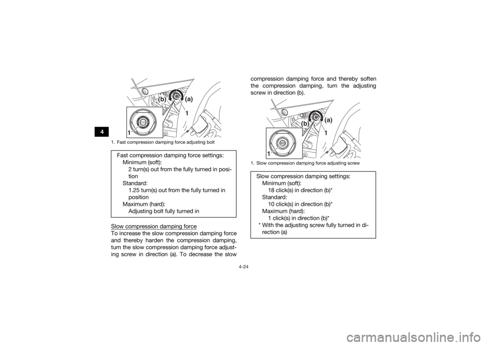 YAMAHA YFM700R 2018 Service Manual 4-24
4Slow compression damping force
To increase the slow compression damping force
and thereby harden the compression damping,
turn the slow compression damping force adjust-
ing screw in direction ( YAMAHA YFM700R 2018 Service Manual 4-24
4Slow compression damping force
To increase the slow compression damping force
and thereby harden the compression damping,
turn the slow compression damping force adjust-
ing screw in direction (