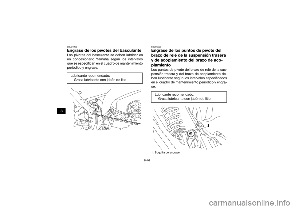 YAMAHA YFM700R 2018 Manuale de Empleo (in Spanish) 8-46
8
SBU24996Engrase de los pivotes del basculanteLos pivotes del basculante se deben lubricar en
un concesionario Yamaha según los intervalos
que se especifican en el cuadro de mantenimiento
peri YAMAHA YFM700R 2018 Manuale de Empleo (in Spanish) 8-46
8
SBU24996Engrase de los pivotes del basculanteLos pivotes del basculante se deben lubricar en
un concesionario Yamaha según los intervalos
que se especifican en el cuadro de mantenimiento
peri