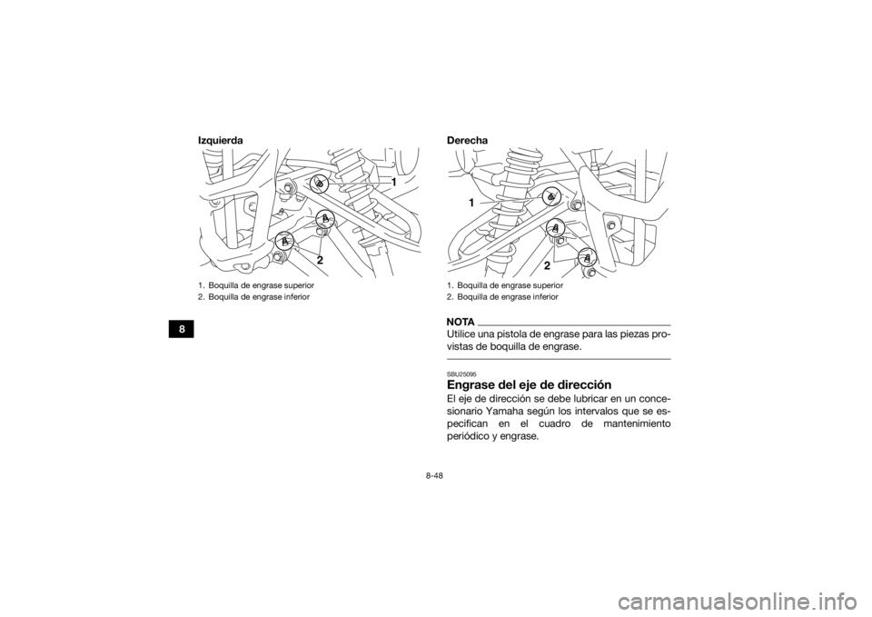 YAMAHA YFM700R 2018 Manuale de Empleo (in Spanish) 8-48
8Izquierda Derecha
NOTAUtilice una pistola de engrase para las piezas pro-
vistas de boquilla de engrase. SBU25095Engrase del eje de direcciónEl eje de dirección se debe lubricar en un conce-
s YAMAHA YFM700R 2018 Manuale de Empleo (in Spanish) 8-48
8Izquierda Derecha
NOTAUtilice una pistola de engrase para las piezas pro-
vistas de boquilla de engrase. SBU25095Engrase del eje de direcciónEl eje de dirección se debe lubricar en un conce-
s