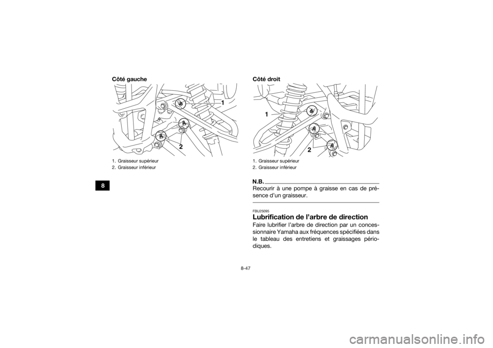 YAMAHA YFM700R 2018 Notices Demploi (in French) 8-47
8Côté gauche Côté droit
N.B.Recourir à une pompe à graisse en cas de pré-
sence d’un graisseur. FBU25095Lubrification de l’arbre de directionFaire lubrifier l’arbre de direction par YAMAHA YFM700R 2018 Notices Demploi (in French) 8-47
8Côté gauche Côté droit
N.B.Recourir à une pompe à graisse en cas de pré-
sence d’un graisseur. FBU25095Lubrification de l’arbre de directionFaire lubrifier l’arbre de direction par