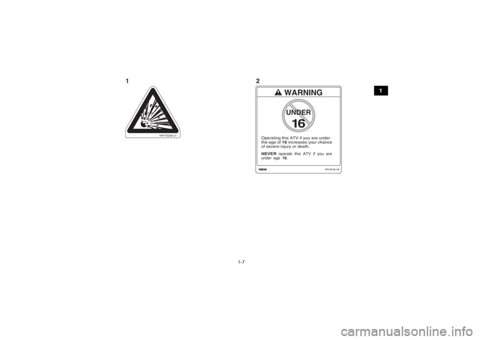 YAMAHA YFM700R 2018 Notices Demploi (in French) 1-7
1
1HP-F2259-21
WARNING
NEVER
operate this ATV if you are
under age 16.Operating this ATV if you are under
the age of 16 increases your chance
of severe injury or death.
16UNDER
1P0-F816L YAMAHA YFM700R 2018 Notices Demploi (in French) 1-7
1
1HP-F2259-21
WARNING
NEVER
operate this ATV if you are
under age 16.Operating this ATV if you are under
the age of 16 increases your chance
of severe injury or death.
16UNDER
1P0-F816L