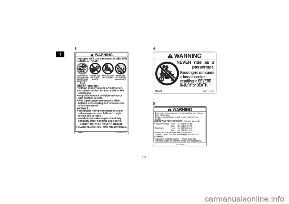 YAMAHA YFM700R 2018 Notices Demploi (in French) 1-8
1
WARNING
OPERATING TIRE PRESSURE : Set with tires cold
Recommended
: Front
: 27.5
kPa
Rear
: 27.5
kPa
Minimum
: Front
: 24.5
kPa
Rear
: 24.5
kPa
Never set tire pressure below minimum YAMAHA YFM700R 2018 Notices Demploi (in French) 1-8
1
WARNING
OPERATING TIRE PRESSURE : Set with tires cold
Recommended
: Front
: 27.5
kPa
Rear
: 27.5
kPa
Minimum
: Front
: 24.5
kPa
Rear
: 24.5
kPa
Never set tire pressure below minimum