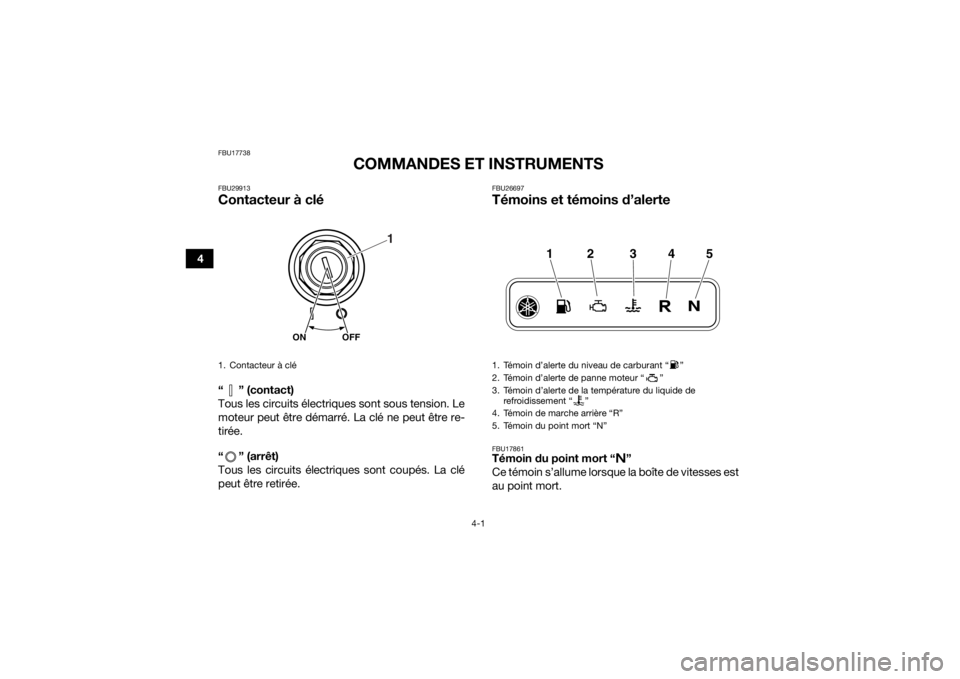 YAMAHA YFM700R 2018 Notices Demploi (in French) 4-1
4
FBU17738
COMMANDES ET INSTRUMENTS
FBU29913Contacteur à clé“ ” (contact)
Tous les circuits électriques sont sous tension. Le
moteur peut être démarré. La clé ne peut être re-
tirée.
YAMAHA YFM700R 2018 Notices Demploi (in French) 4-1
4
FBU17738
COMMANDES ET INSTRUMENTS
FBU29913Contacteur à clé“ ” (contact)
Tous les circuits électriques sont sous tension. Le
moteur peut être démarré. La clé ne peut être re-
tirée.