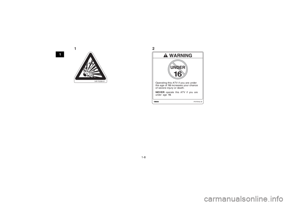 YAMAHA YFM700R 2016 User Guide 1-8
1
1HP-F2259-21
WARNING
NEVER
  operate  this  ATV  if  you  are
under  age  16.Operating this ATV if you are under
the age of 16 increases your chance 
of severe injury or death.
16UNDER
1P0-F816L