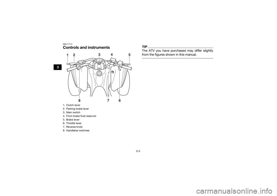 YAMAHA YFM700R 2016 Owners Manual 3-3
3
EBU17714Controls and instruments
TIPThe ATV you have purchased may differ slightly
from the figures shown in this manual.
1. Clutch lever
2. Parking brake lever
3. Main switch
4. Front brake fl YAMAHA YFM700R 2016 Owners Manual 3-3
3
EBU17714Controls and instruments
TIPThe ATV you have purchased may differ slightly
from the figures shown in this manual.
1. Clutch lever
2. Parking brake lever
3. Main switch
4. Front brake fl