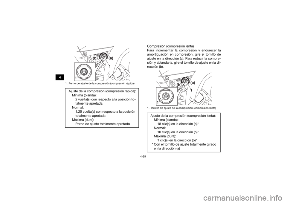 YAMAHA YFM700R 2016 Manuale de Empleo (in Spanish) 4-25
4Compresión (compresión lenta)
Para incrementar la compresión y endurecer la
amortiguación en compresión, gire el tornillo de
ajuste en la dirección (a). Para reducir la compre-
sión y abl YAMAHA YFM700R 2016 Manuale de Empleo (in Spanish) 4-25
4Compresión (compresión lenta)
Para incrementar la compresión y endurecer la
amortiguación en compresión, gire el tornillo de
ajuste en la dirección (a). Para reducir la compre-
sión y abl