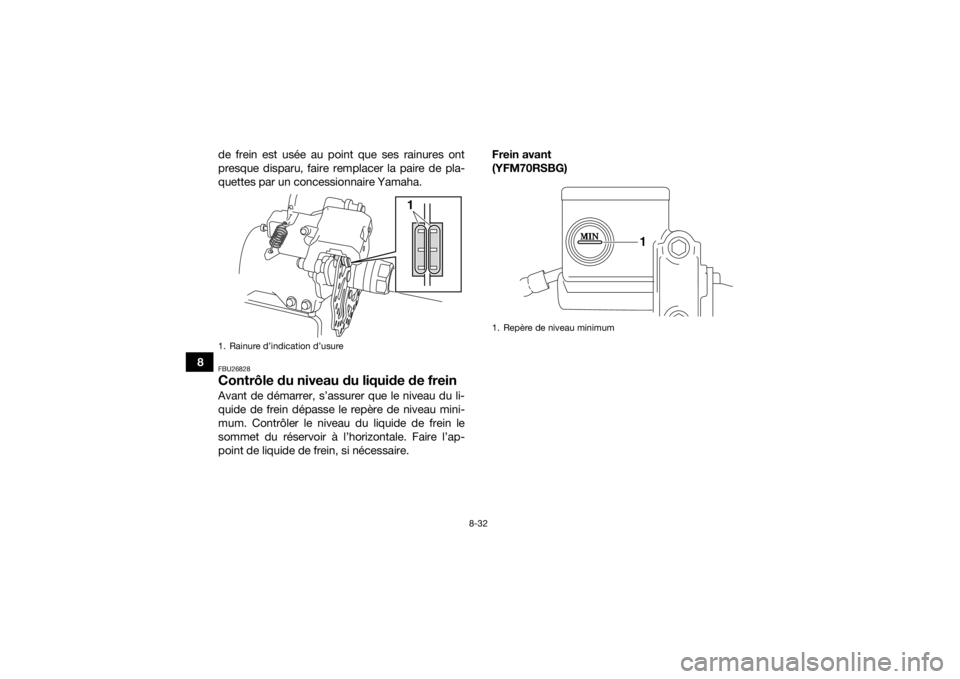 YAMAHA YFM700R 2016 Notices Demploi (in French) 8-32
8de frein est usée au point que ses rainures ont
presque disparu, faire remplacer la paire de pla-
quettes par un concessionnaire Yamaha.
FBU26828Contrôle du niveau du liquide de freinAvant de YAMAHA YFM700R 2016 Notices Demploi (in French) 8-32
8de frein est usée au point que ses rainures ont
presque disparu, faire remplacer la paire de pla-
quettes par un concessionnaire Yamaha.
FBU26828Contrôle du niveau du liquide de freinAvant de
