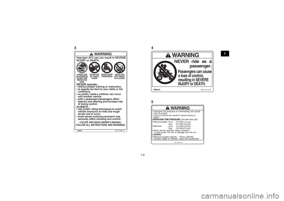 YAMAHA YFM700R 2015 Manuale de Empleo (in Spanish) 1-9
1
WARNING
OPERATING TIRE PRESSURE : Set with tires cold
Recommended
: Front
: 27.5
kPa
Rear
: 27.5
kPa
Minimum
: Front
: 24.5
kPa
Rear
: 24.5
kPa
Never set tire pressure below minimum YAMAHA YFM700R 2015 Manuale de Empleo (in Spanish) 1-9
1
WARNING
OPERATING TIRE PRESSURE : Set with tires cold
Recommended
: Front
: 27.5
kPa
Rear
: 27.5
kPa
Minimum
: Front
: 24.5
kPa
Rear
: 24.5
kPa
Never set tire pressure below minimum