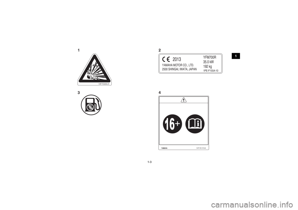 YAMAHA YFM700R 2014  Notices Demploi (in French) 1-3
1
1HP-F2259-21
YAMAHA MOTOR CO., LTD.
2500 SHINGAI, IWATA, JAPAN
YFM700R
35.0 kW
192 kg
2013
1PE-F155A-10
YAMAHA
1HP-F811R-00
124
3
U1PE61F0.book  Page 3  Monday, April 1, 2013  4:39 PM 