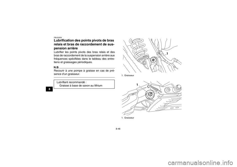 YAMAHA YFM700R 2014 Notices Demploi (in French) 8-46
8
FBU25004Lubrification des points pivots de bras
relais et bras de raccordement de sus-
pension arrière Lubrifier les points pivots des bras relais et des
bras de raccordement de la suspension YAMAHA YFM700R 2014 Notices Demploi (in French) 8-46
8
FBU25004Lubrification des points pivots de bras
relais et bras de raccordement de sus-
pension arrière Lubrifier les points pivots des bras relais et des
bras de raccordement de la suspension