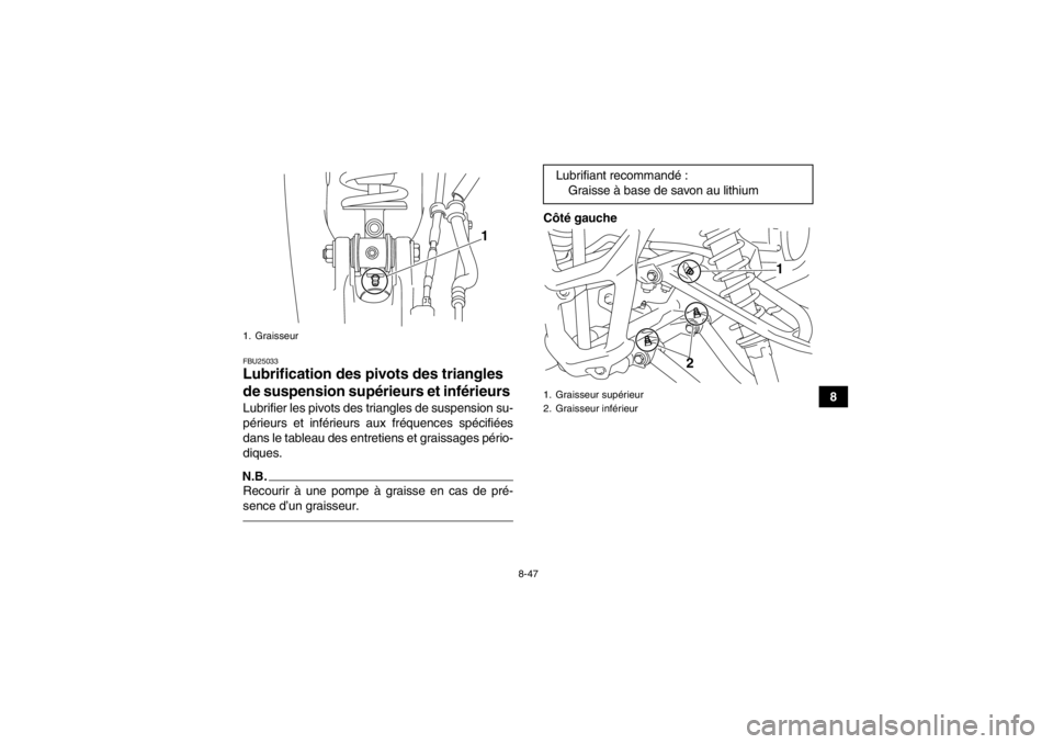 YAMAHA YFM700R 2014 Notices Demploi (in French) 8-47
8
FBU25033Lubrification des pivots des triangles
de suspension supérieurs et inférieurs Lubrifier les pivots des triangles de suspension su-
périeurs et inférieurs aux fréquences spécifié YAMAHA YFM700R 2014 Notices Demploi (in French) 8-47
8
FBU25033Lubrification des pivots des triangles
de suspension supérieurs et inférieurs Lubrifier les pivots des triangles de suspension su-
périeurs et inférieurs aux fréquences spécifié