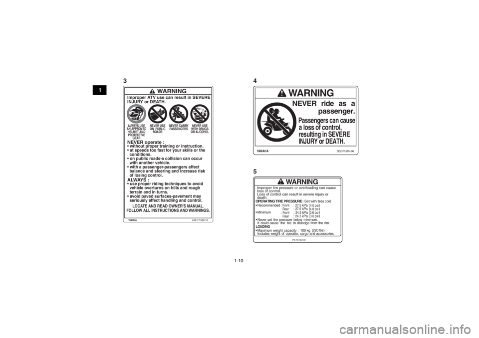 YAMAHA YFM700R 2014 Notices Demploi (in French) 1-10
1
WARNING
OPERATING TIRE PRESSURE : Set with tires cold
Recommended
: Front
: 27.5
kPa
Rear
: 27.5
kPa
Minimum
: Front
: 24.5
kPa
Rear
: 24.5
kPa
Never set tire pressure below minimu YAMAHA YFM700R 2014 Notices Demploi (in French) 1-10
1
WARNING
OPERATING TIRE PRESSURE : Set with tires cold
Recommended
: Front
: 27.5
kPa
Rear
: 27.5
kPa
Minimum
: Front
: 24.5
kPa
Rear
: 24.5
kPa
Never set tire pressure below minimu