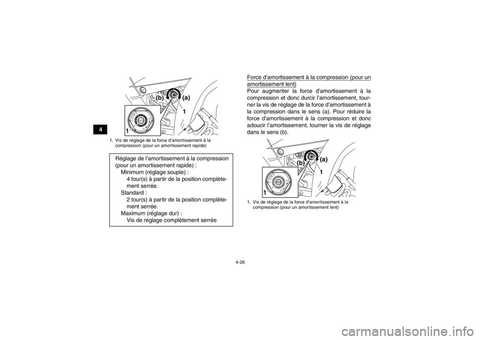YAMAHA YFM700R 2014  Notices Demploi (in French) 4-26
4Force d’amortissement à la compression (pour un
amortissement lent)Pour augmenter la force d’amortissement à la
compression et donc durcir l’amortissement, tour-
ner la vis de réglage d