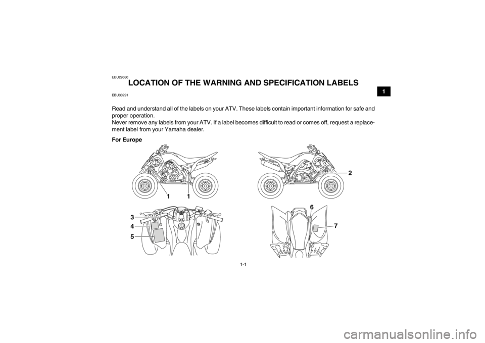 YAMAHA YFM700R 2013 User Guide 1-1
1
EBU29680
LOCATION OF THE WARNING AND SPECIFICATION LABELS 
EBU30291Read and understand all of the labels on your ATV. These labels contain important information for safe and
proper operation.
Ne