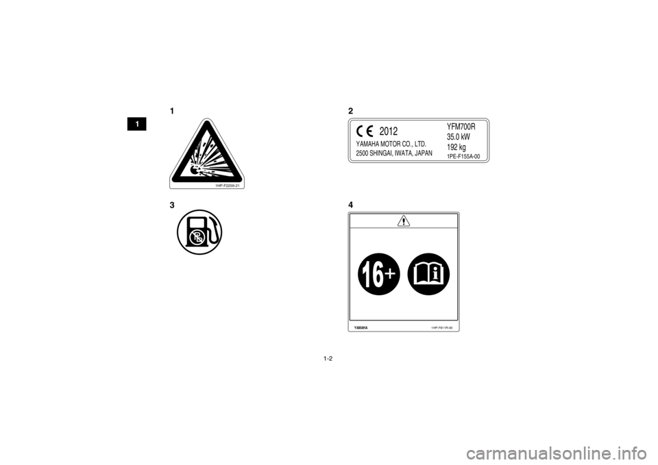 YAMAHA YFM700R 2013 User Guide 1-2
1
1HP-F2259-21
YAMAHA MOTOR CO., LTD.
2500 SHINGAI, IWATA, JAPAN
YFM700R
35.0 kW
192 kg
2012
1PE-F155A-00
YAMAHA
1HP-F811R-00
124
3
U1PE60E0.book  Page 2  Friday, March 2, 2012  1:22 PM 
