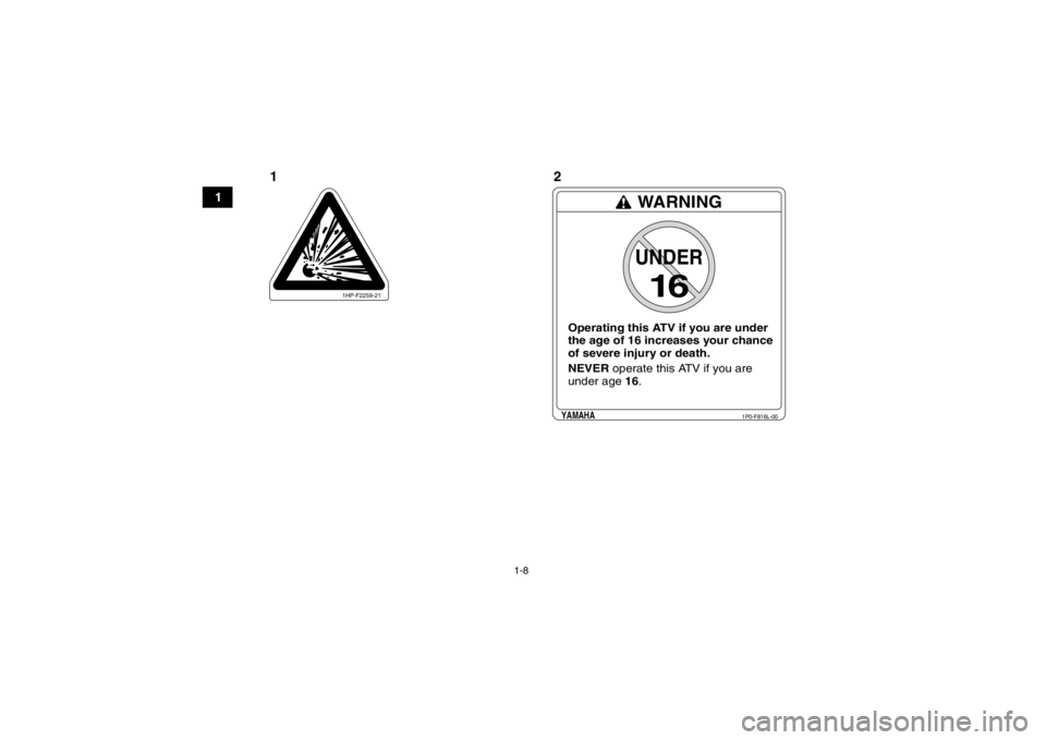 YAMAHA YFM700R 2013 User Guide 1-8
1
1HP-F2259-21
WARNINGUNDER
16
Operating this ATV if you are under
the age of 16 increases your chance
of severe injury or death.
NEVER operate this ATV if you are
under age 16.
1P0-F816L-00
YAMAH