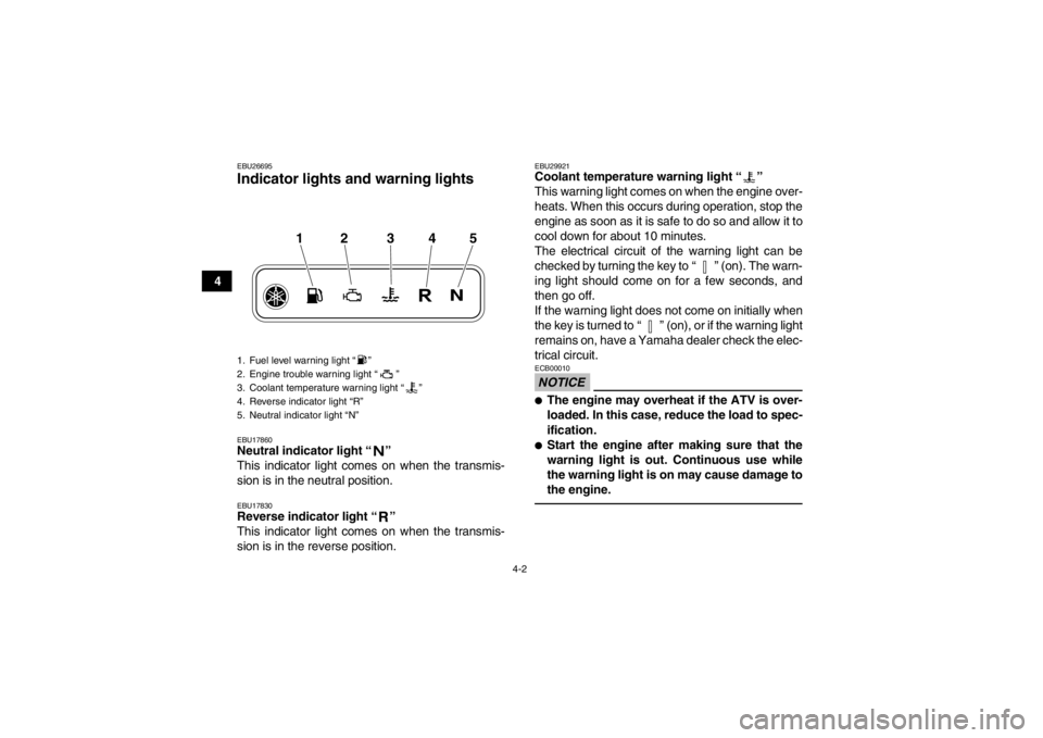 YAMAHA YFM700R 2013 Owners Manual 4-2
4
EBU26695Indicator lights and warning lights EBU17860Neutral indicator light “ ”
This indicator light comes on when the transmis-
sion is in the neutral position.EBU17830Reverse indicator li YAMAHA YFM700R 2013 Owners Manual 4-2
4
EBU26695Indicator lights and warning lights EBU17860Neutral indicator light “ ”
This indicator light comes on when the transmis-
sion is in the neutral position.EBU17830Reverse indicator li