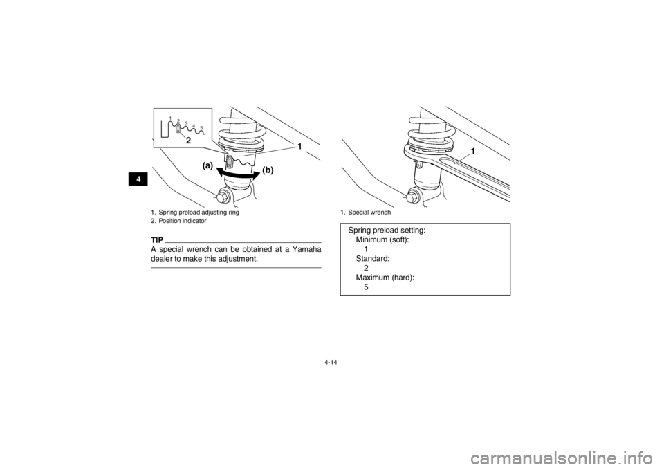 YAMAHA YFM700R 2013 Service Manual 4-14
4
TIPA special wrench can be obtained at a Yamaha
dealer to make this adjustment.1. Spring preload adjusting ring
2. Position indicator
(a)(b)
1. Special wrenchSpring preload setting:
Minimum (so YAMAHA YFM700R 2013 Service Manual 4-14
4
TIPA special wrench can be obtained at a Yamaha
dealer to make this adjustment.1. Spring preload adjusting ring
2. Position indicator
(a)(b)
1. Special wrenchSpring preload setting:
Minimum (so