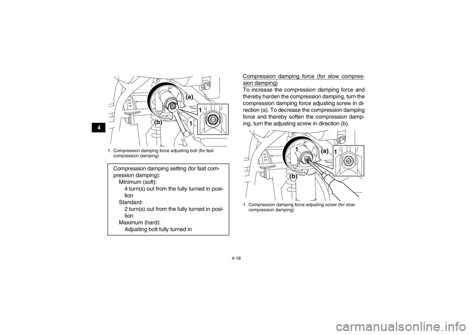 YAMAHA YFM700R 2013 Service Manual 4-18
4Compression damping force (for slow compres-
sion damping)To increase the compression damping force and
thereby harden the compression damping, turn the
compression damping force adjusting screw YAMAHA YFM700R 2013 Service Manual 4-18
4Compression damping force (for slow compres-
sion damping)To increase the compression damping force and
thereby harden the compression damping, turn the
compression damping force adjusting screw