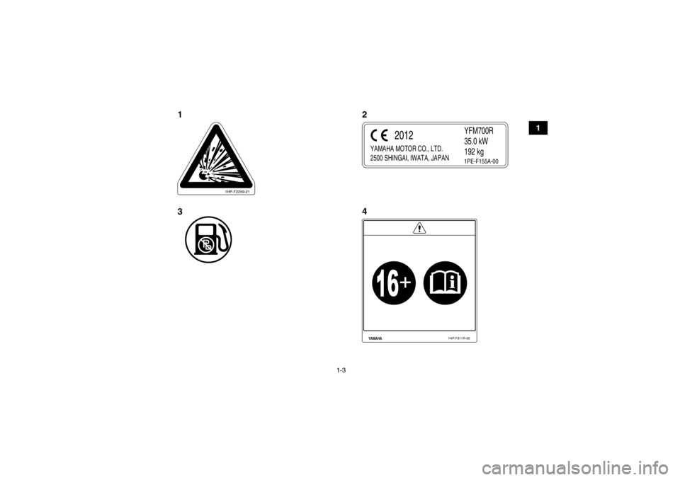 YAMAHA YFM700R 2013  Manuale de Empleo (in Spanish) 1-3
1
1HP-F2259-21
YAMAHA MOTOR CO., LTD.
2500 SHINGAI, IWATA, JAPAN
YFM700R
35.0 kW
192 kg
2012
1PE-F155A-00
YAMAHA
1HP-F811R-00
124
3
U1PE60S0.book  Page 3  Friday, March 2, 2012  9:59 AM 