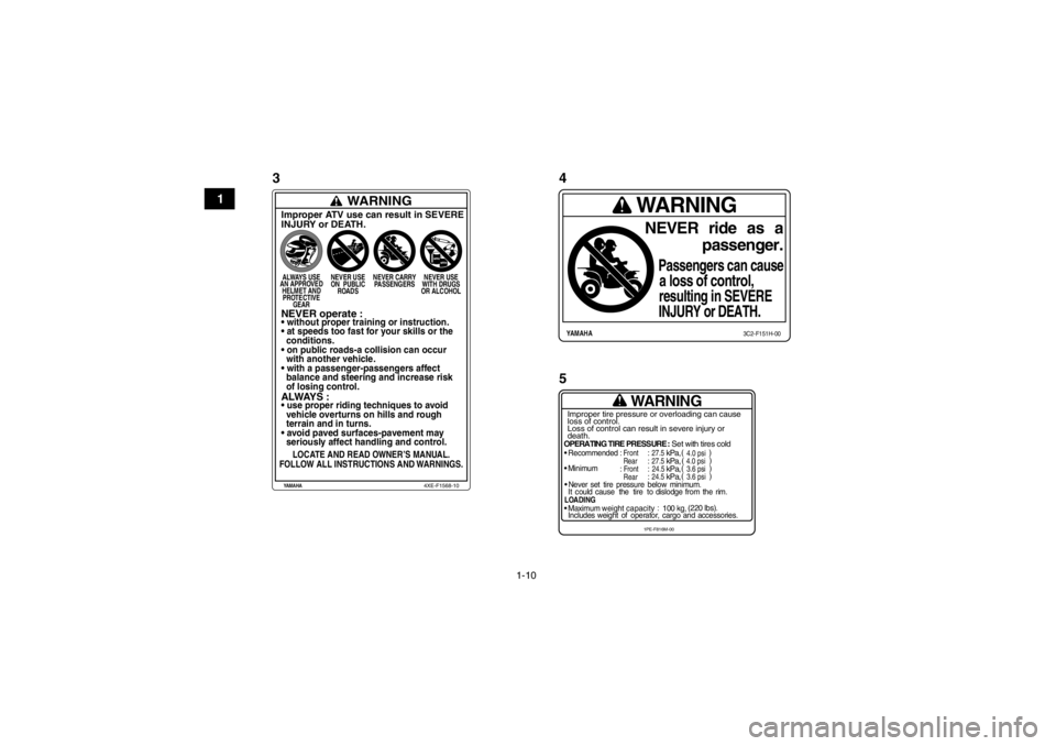 YAMAHA YFM700R 2013 Manuale de Empleo (in Spanish) 1-10
1
WARNING
OPERATING TIRE PRESSURE : Set with tires cold
Recommended
: Front
: 27.5
kPa,
Rear
: 27.5
kPa,
Minimum
: Front
: 24.5
kPa,
Rear
: 24.5
kPa,
Never set tire pressure below mi YAMAHA YFM700R 2013 Manuale de Empleo (in Spanish) 1-10
1
WARNING
OPERATING TIRE PRESSURE : Set with tires cold
Recommended
: Front
: 27.5
kPa,
Rear
: 27.5
kPa,
Minimum
: Front
: 24.5
kPa,
Rear
: 24.5
kPa,
Never set tire pressure below mi