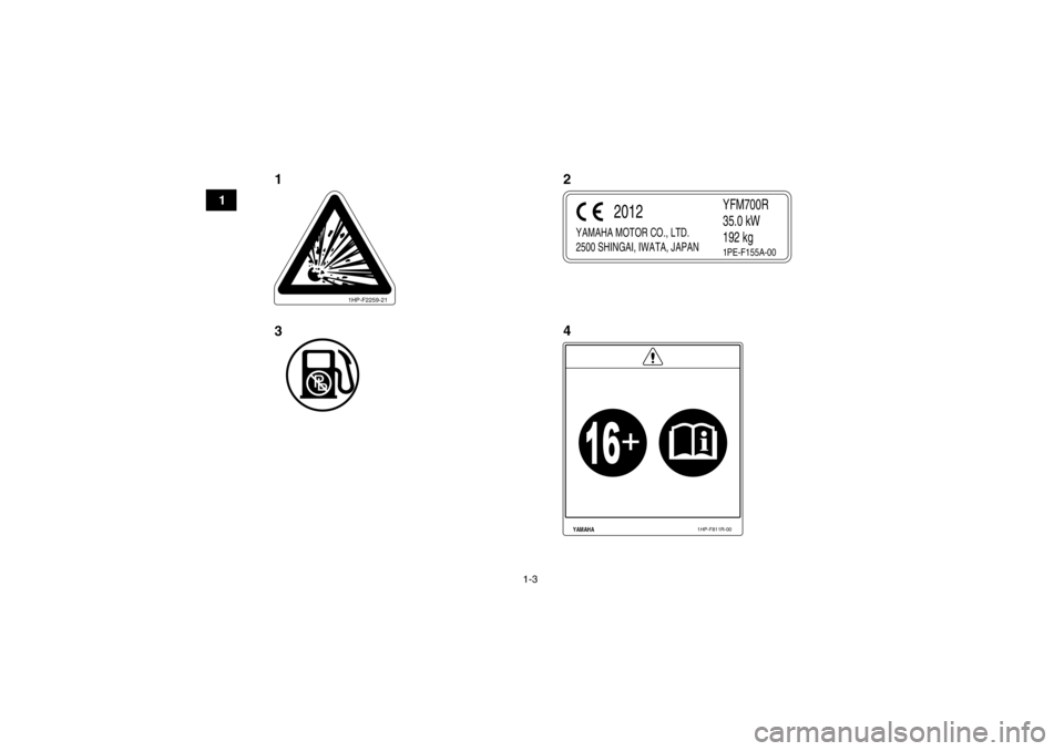 YAMAHA YFM700R 2013  Notices Demploi (in French) 1-3
1
1HP-F2259-21
YAMAHA MOTOR CO., LTD.
2500 SHINGAI, IWATA, JAPAN
YFM700R
35.0 kW
192 kg
2012
1PE-F155A-00
YAMAHA
1HP-F811R-00
124
3
U1PE60F0.book  Page 3  Friday, March 2, 2012  9:07 AM 