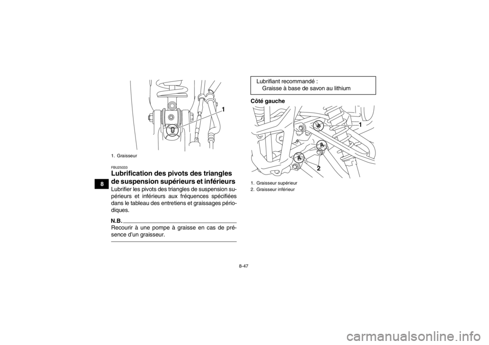 YAMAHA YFM700R 2013  Notices Demploi (in French) 8-47
8
FBU25033Lubrification des pivots des triangles 
de suspension supérieurs et inférieurs Lubrifier les pivots des triangles de suspension su-
périeurs et inférieurs aux fréquences spécifié YAMAHA YFM700R 2013  Notices Demploi (in French) 8-47
8
FBU25033Lubrification des pivots des triangles 
de suspension supérieurs et inférieurs Lubrifier les pivots des triangles de suspension su-
périeurs et inférieurs aux fréquences spécifié