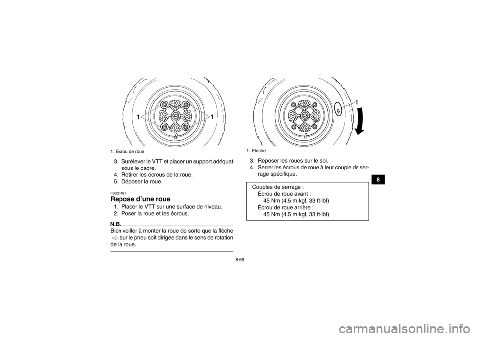 YAMAHA YFM700R 2013  Notices Demploi (in French) 8-56
8
3. Surélever le VTT et placer un support adéquat
sous le cadre.
4. Retirer les écrous de la roue.
5. Déposer la roue.
FBU27481Repose d’une roue 1. Placer le VTT sur une surface de niveau. YAMAHA YFM700R 2013  Notices Demploi (in French) 8-56
8
3. Surélever le VTT et placer un support adéquat
sous le cadre.
4. Retirer les écrous de la roue.
5. Déposer la roue.
FBU27481Repose d’une roue 1. Placer le VTT sur une surface de niveau.