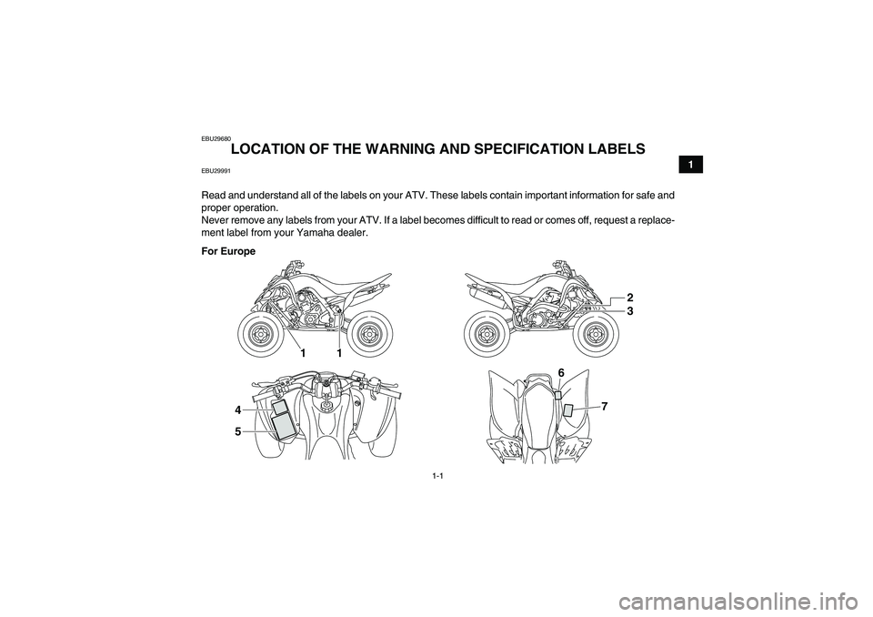 YAMAHA YFM700R 2011 User Guide 1-1
1
EBU29680
LOCATION OF THE WARNING AND SPECIFICATION LABELS
EBU29991Read and understand all of the labels on your ATV. These labels contain important information for safe and
proper operation.
Ne YAMAHA YFM700R 2011 User Guide 1-1
1
EBU29680
LOCATION OF THE WARNING AND SPECIFICATION LABELS
EBU29991Read and understand all of the labels on your ATV. These labels contain important information for safe and
proper operation.
Ne