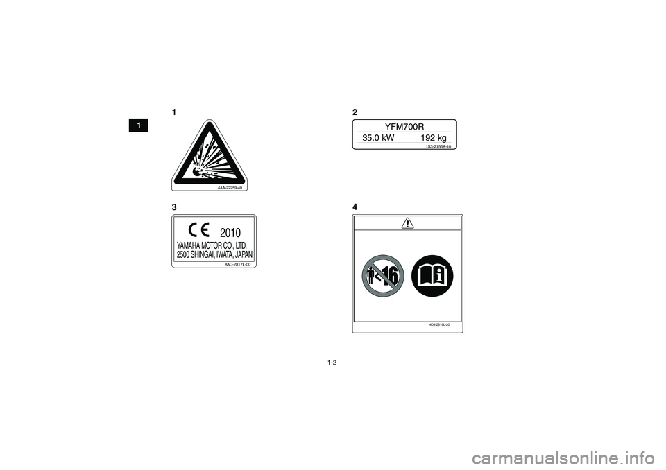 YAMAHA YFM700R 2011 User Guide 1-2
1
4AA-22259-40
1S3-2156A-10
YFM700R
35.0 kW 192 kg
4D3-2816L-20
8AC-2817L-00
YAMAHA MOTOR CO., LTD.
2500 SHINGAI, IWATA, JAPAN
2010
12
4
3
U1AS61E0.book Page 2 Thursday, February 11, 2010 2:17 YAMAHA YFM700R 2011 User Guide 1-2
1
4AA-22259-40
1S3-2156A-10
YFM700R
35.0 kW 192 kg
4D3-2816L-20
8AC-2817L-00
YAMAHA MOTOR CO., LTD.
2500 SHINGAI, IWATA, JAPAN
2010
12
4
3
U1AS61E0.book Page 2 Thursday, February 11, 2010 2:17