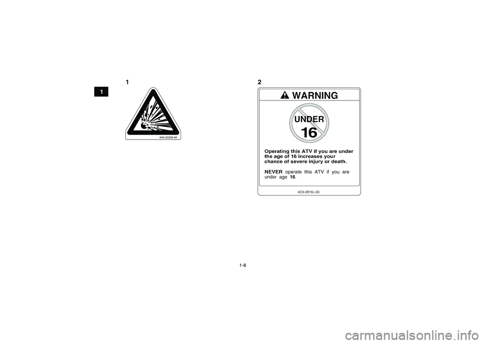 YAMAHA YFM700R 2011 User Guide 1-8
1
4AA-22259-40
2 1
U1AS61E0.book Page 8 Thursday, February 11, 2010 2:17 PM YAMAHA YFM700R 2011 User Guide 1-8
1
4AA-22259-40
2 1
U1AS61E0.book Page 8 Thursday, February 11, 2010 2:17 PM