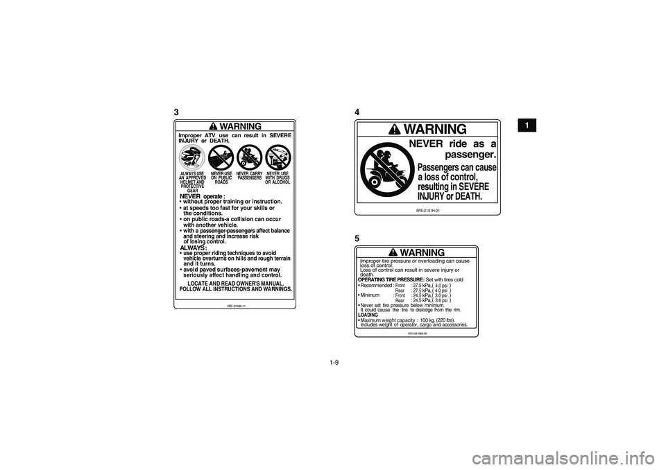 YAMAHA YFM700R 2011 User Guide 1-9
1
WARNING
OPERATING TIRE PRESSURE : Set with tires cold
Recommended
: Front
: 27.5
kPa,
Rear
: 27.5
kPa,
Minimum
: Front
: 24.5
kPa,
Rear
: 24.5
kPa,
Never set tire pressure below YAMAHA YFM700R 2011 User Guide 1-9
1
WARNING
OPERATING TIRE PRESSURE : Set with tires cold
Recommended
: Front
: 27.5
kPa,
Rear
: 27.5
kPa,
Minimum
: Front
: 24.5
kPa,
Rear
: 24.5
kPa,
Never set tire pressure below
