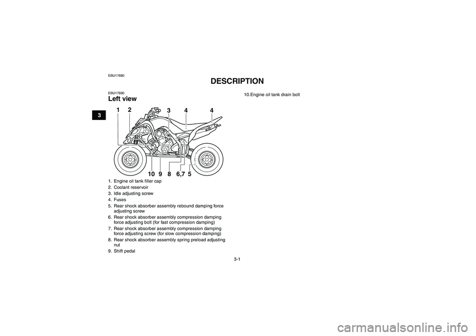 YAMAHA YFM700R 2011 Owners Manual 3-1
3
EBU17680
DESCRIPTION
EBU17690Left view1. Engine oil tank filler cap
2. Coolant reservoir
3. Idle adjusting screw
4. Fuses
5. Rear shock absorber assembly rebound damping force
adjusting screw
YAMAHA YFM700R 2011 Owners Manual 3-1
3
EBU17680
DESCRIPTION
EBU17690Left view1. Engine oil tank filler cap
2. Coolant reservoir
3. Idle adjusting screw
4. Fuses
5. Rear shock absorber assembly rebound damping force
adjusting screw