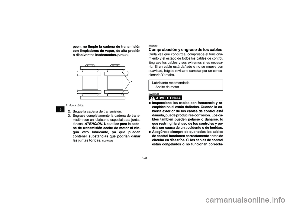 YAMAHA YFM700R 2011  Manuale de Empleo (in Spanish) 8-44
8peen, no limpie la cadena de transmisión
con limpiadores de vapor, de alta presión
o disolventes inadecuados.
 [SCB00571]
2. Seque la cadena de transmisión.
3. Engrase completamente la cadena