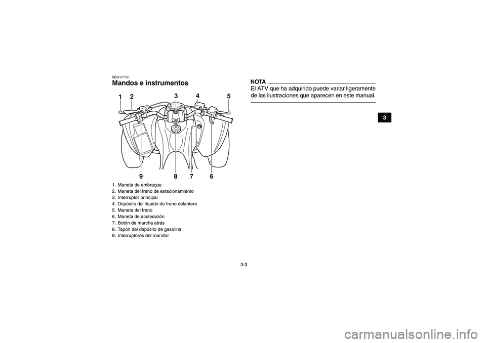 YAMAHA YFM700R 2011  Manuale de Empleo (in Spanish) 3-3
3
SBU17712Mandos e instrumentos
NOTAEl ATV que ha adquirido puede variar ligeramente
de las ilustraciones que aparecen en este manual.
1. Maneta de embrague
2. Maneta del freno de estacionamiento
