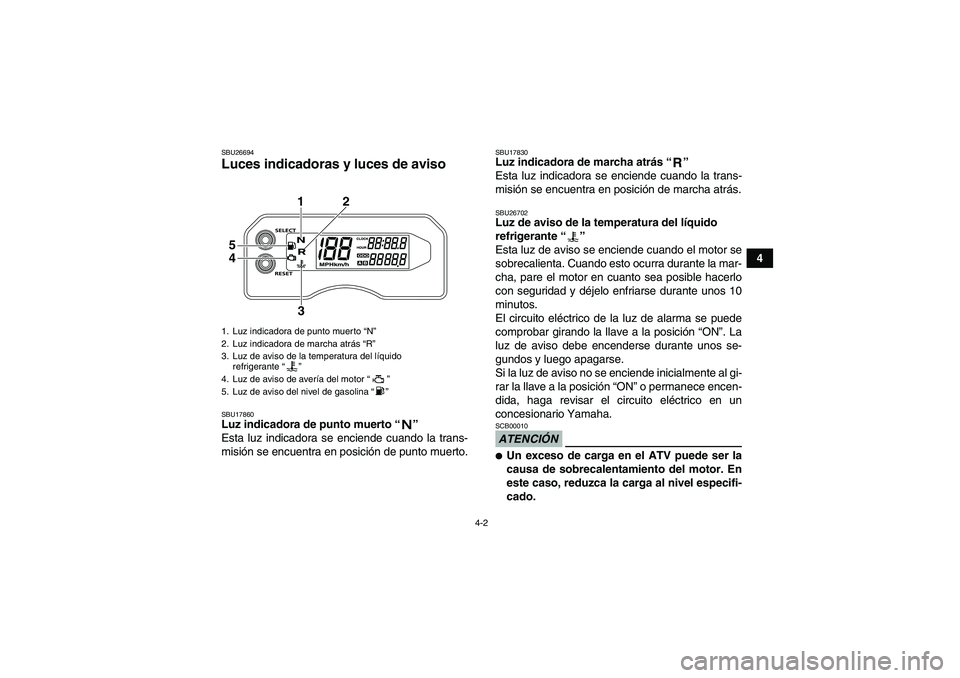 YAMAHA YFM700R 2011  Manuale de Empleo (in Spanish) 4-2
4
SBU26694Luces indicadoras y luces de aviso SBU17860Luz indicadora de punto muerto“” 
Esta luz indicadora se enciende cuando la trans-
misión se encuentra en posición de punto muerto.
SBU17