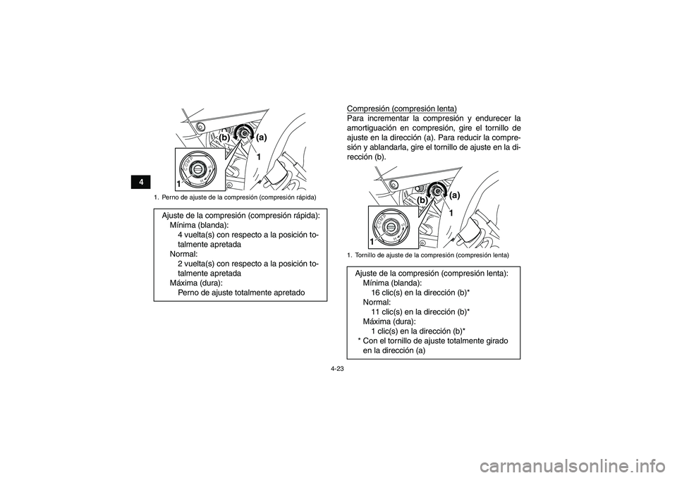 YAMAHA YFM700R 2011  Manuale de Empleo (in Spanish) 4-23
4Compresión (compresión lenta)
Para incrementar la compresión y endurecer la
amortiguación en compresión, gire el tornillo de
ajuste en la dirección (a). Para reducir la compre-
sión y abl